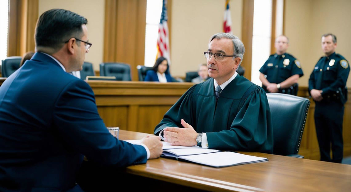 A courtroom with a judge listening to a lawyer's argument, while a defendant and police officer stand nearby