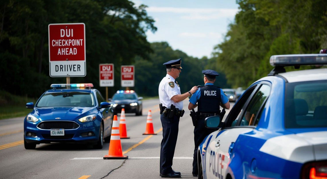 A car driving past a police checkpoint with a sign reading "DUI Checkpoint Ahead" while a police officer administers a field sobriety test to a driver