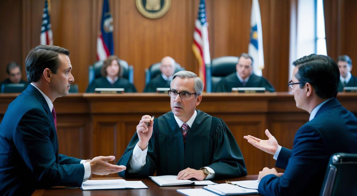 A courtroom scene with a judge and defendant's lawyer presenting evidence, while the prosecutor argues against DUI dismissal