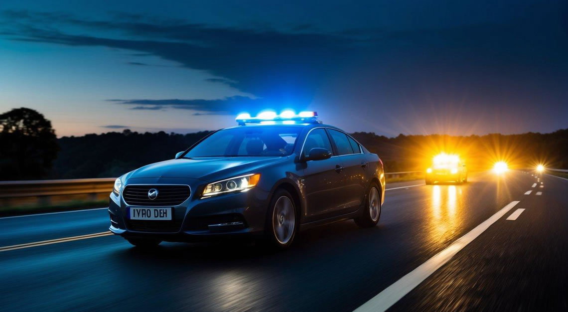 A car swerves on a dark road, with police lights flashing behind it