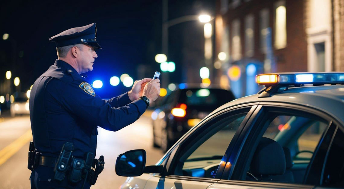 A police officer conducting a field sobriety test on a driver at night on a dimly lit street